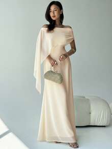 Aloruh Váy suông cổ thuyền lệch vai ôm vừa vặn mới có chi tiết buộc nơ, váy đuôi cá dài màu xanh lá cây đa năng cho sinh nhật, tiệc tùng, cocktail - Màu be - Xem 8