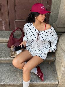 MainGRL 2件套 女士波点印花休闲长袖卫衣和短裤套装 - 黑與白 - 查看 6