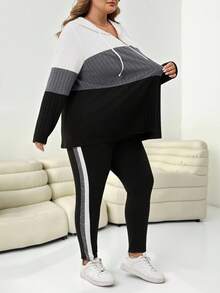 SHEIN CURVE+ 2 件套大码女式纯色撞色拉链连帽上衣和裤子休闲套装冬季服装 - 彩色 - 查看 7