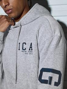 Modcrash 男士英文标语及图案印花连帽衫，保暖内衬，秋冬款 - 灰色 - 查看 6