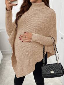 SHEIN Pregnant Women's Solid Color High Neck Batwing Long Sleeve Casual Sweater, Autumn/Winter - Apricot - View 7