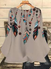 EMERY ROSE Camisa feminina plus size casual com estampa total, gola redonda e mangas 3/4. - Caqui - Ver 2