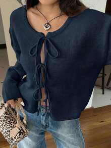 SHEIN EZwear 女士纯色前系带长袖休闲衬衫，秋冬季适合上学的上衣 - 藏蓝色 - 查看 1