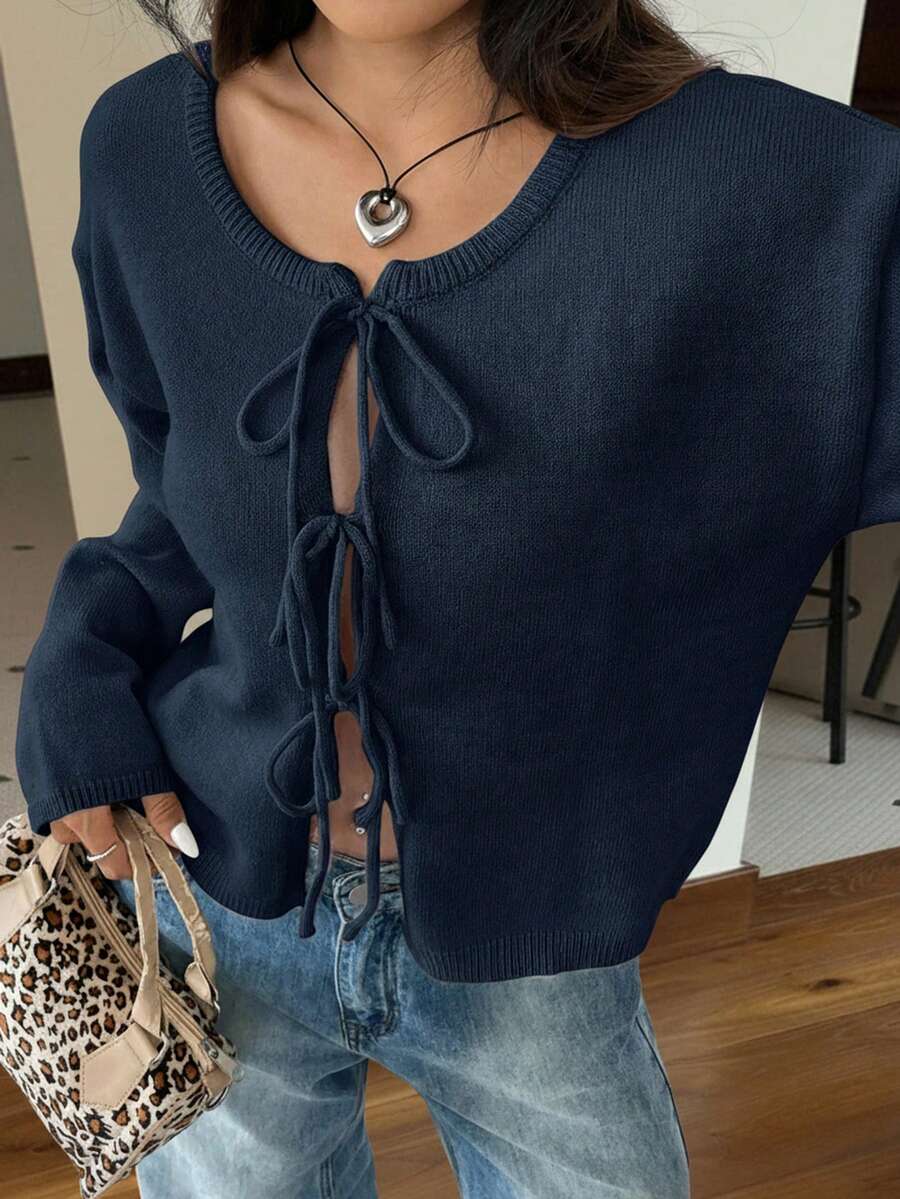 SHEIN EZwear 女士纯色前系带长袖休闲衬衫，秋冬季适合上学的上衣 - 藏蓝色 - 查看 1