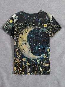 Women's Crescent Flower & Plant Pattern Round Neck Comfortable Casual Short Sleeve T-Shirt, Suitable For Daily And Holiday Wear - Multicolor - View 2