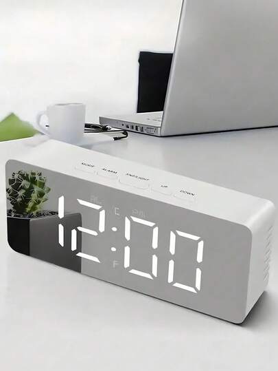 Modern Multifunctional LED Alarm Clock, Small Digital Clock With Mirror Screen, Temperature Humidity Date Display, Adjustable Brightness, For Bedroom Desk Office Shelf, Minimalist Home Decor Essentials