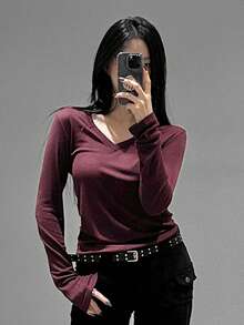 DAZY V-Neck Long Sleeve T-Shirt, Versatile Base Layer Top For Women, Autumn/Winter - Burgundy - View 4