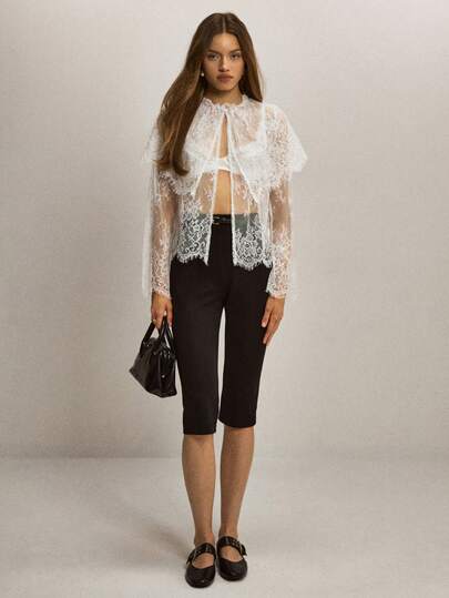 ATUI Studio Women's Solid Color Lace Sheer Long Sleeve Blouse