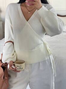 Sunnyshic Plus Size Women Elastic Fitted Tie Bow Knit Cardigan, Suitable For Daily Commute, Indoor And Outdoor Wear, Best Christmas Gift, Spring, Summer, Fall, Winter, Spring/Fall, Fall/Winter,Plus Size Beige Knitwear Cardigan V Neck Wrap Design Long Drop Shoulder Sleeves Short Length Casual Style,Chic Plus Size Beige V Neck Wrap Cardigan Short Knitwear With Drop Shoulder Long Sleeves - Beige - View 6