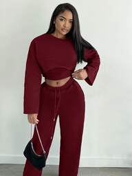Alexandranx 2024 New Casual Basic Solid Color Long Sleeve Cropped Top, Camisole, And Loose Pants 3-Piece Set For Women,Cozy Fall And Winter Clothes For Women Red 2 Piece Set Two Piece Set Women Comfy Long Sleeve Two Piece Set 2 Piece Lounge Sets Woman Comfortable Two Piece Set