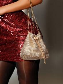 CUCCOO SZL 轻巧，商务休闲水钻装饰水桶包迷你抽绳设计，透明包仿珍珠包晚宴包，晚餐包迷人，优雅，精致，安静的奢华水钻适合派对女孩，女人，新娘非常适合派对，晚宴/宴会圣诞派对礼服，迷人的水钻包 - 金色 - 查看 6