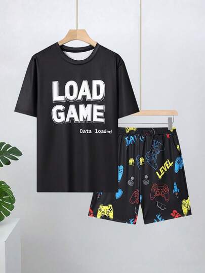 Velminro 남성 슬로건 프린트 반팔 티셔츠 및 비디오 게임 프린트 반바지 파자마 세트