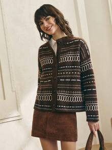 Cévolie 女士休闲几何图案针织开衫，秋冬款 - 彩色 - 查看 4