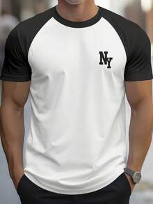 Manfinity Homme T-shirt casual a maniche corte con stampa di lettere e blocchi di colore, scollo rotondo, versatile - Multicolore - Visualizzare 1