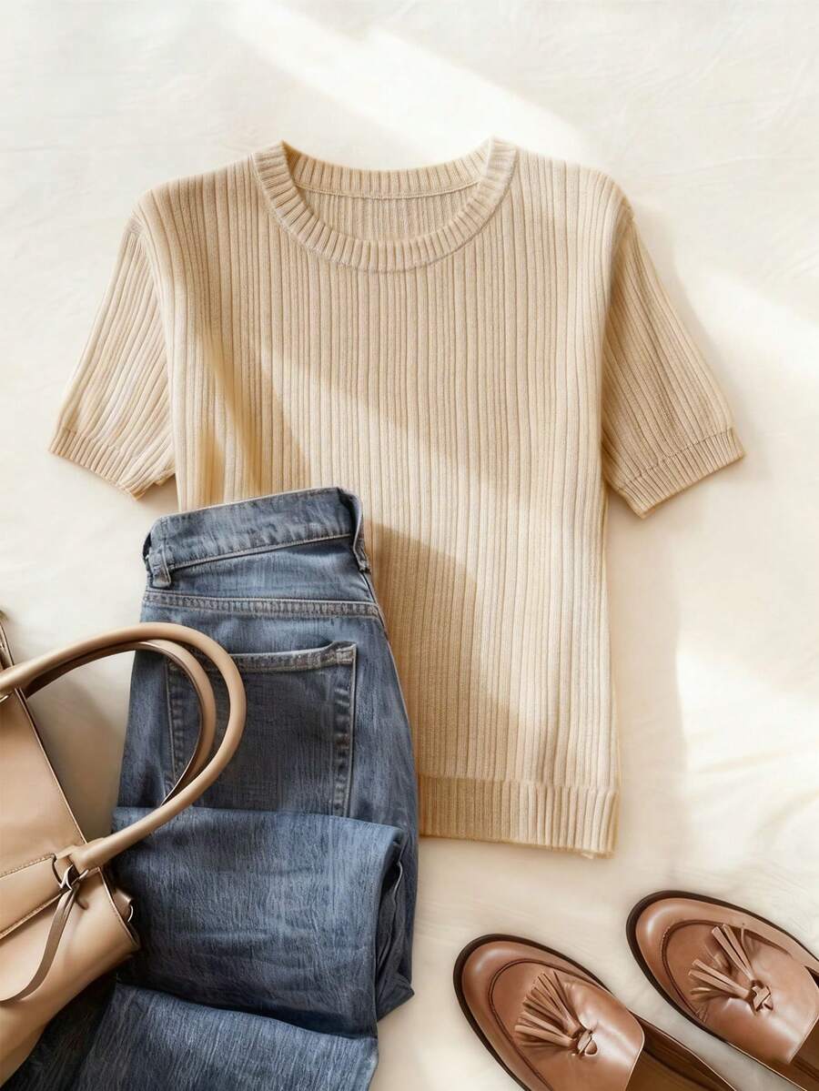 GlowEve Áo len dệt kim cổ tròn tay ngắn ôm sát màu trơn cho nữ, thời trang & thanh lịch, mùa xuân/thu - Màu be - Xem 1