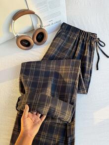 Comfortcana Plus Size Women's Drawstring Waist Plaid Wide Leg Loose Casual Autumn Pants - Multicolor - View 7