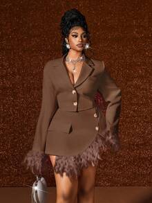 Maweii 2pcs/Set Fashionable Pink Patchwork Faux Fur Blazer Jacket And Mini Skirt Suit - Brown - View 4