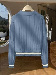 Franclia 撞色滚边简约长袖刺绣马头马球领针织毛衣 - 藍色 - 查看 2