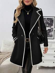 EMERY ROSE Women's Elegant Casual Commuter Black & White Patchwork Long Wool Blend Coat - Black - View 3