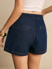 Poéselle 女士金属纽扣口袋设计休闲百搭牛仔短裙 - 深色水洗藍 - 查看 2