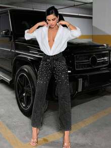 EURMUSE 高腰优雅黑色100%纯棉女士牛仔裤 - 黑色 - 查看 1