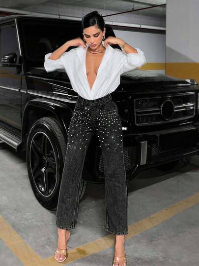 EURMUSE Högmidjade eleganta svarta denimjeans i 100 % bomull för kvinnor