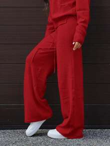 SAYEHFBABY Bộ 2 chiếc/bộ áo len dài tay cổ tròn trễ vai cho nữ và quần ống rộng dệt kim thường ngày, quần áo thu đông cho năm mới - Đỏ - Xem 5