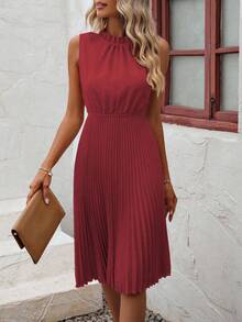 SHEIN PETITE Women's Solid Color Elegant Pleated Sleeveless Waist Dress - Red - View 5