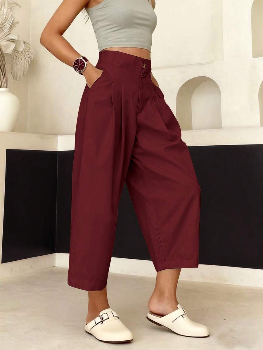 EMERY ROSE Women's Solid Color Pleated Pocket Casual Pants, Versatile For Daily Wear - Burgundy - View 1