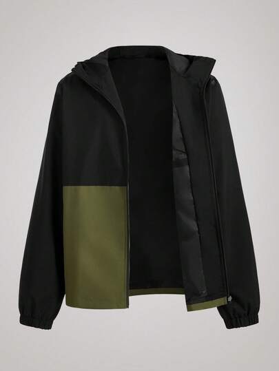 Officeau Men's Drawstring Hooded Water-Resistant Casual Multi-Pocket Zip-Up Windbreaker Jacket, Versatile For Everyday Wear, For Fall, Old Money Spring To Summer