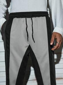 Modcrash Pantaloni largi pentru bărbați, cu model patchwork, în culori contrastante, cu șnur, pentru toamnă, primăvară și vară - Gri inchis - Vizualizare 5