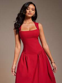 L'Amorae Women Squareneck Fit And Flare Midi Dress, Valentines Date Night Outfit Wedding Guest Elegant - Red - View 2