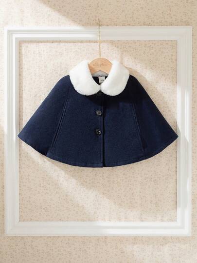 Souflis Souflis 2025 New Elegant French Style White Fur Collar Navy Blue Oversized Wool Coat For Women