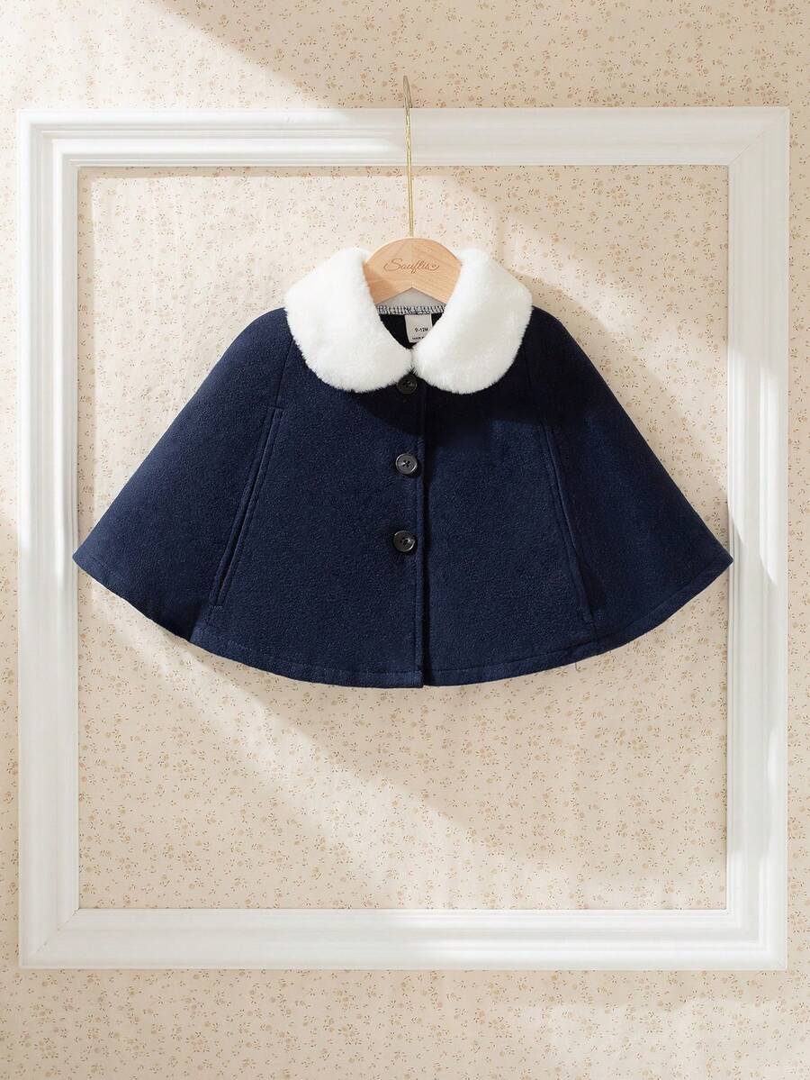 Souflis Souflis 2025新款优雅法式白色毛领藏蓝色超大羊毛大衣，女士款