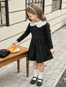 Elladie kids Young Girls Chic Sweet School Style White Lace Trim Round Neck Casual Minimalist Black Dress Girls Spring Autumn French Style Dress Girl School Dress Girl Black Elegant Dress Girls Collared Dress - Black - View 1