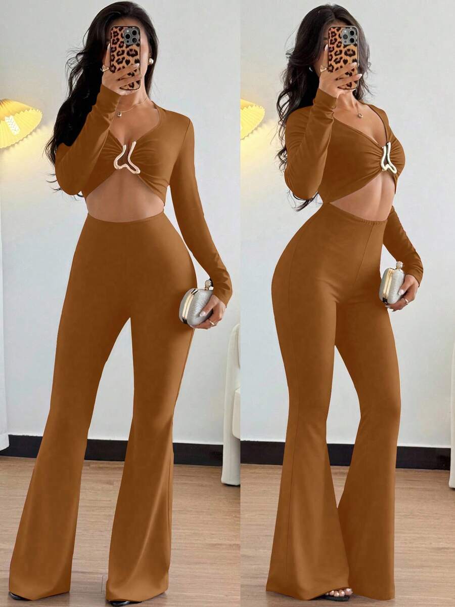 Chiquease Sexy Women's Black High Stretch Jumpsuit With Front & Middle Metal Decor Buckle, Casual European & American Style - Camel - View 1