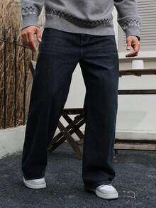 DAZY Jeans de pierna ancha para hombre, tela de denim crudo índigo con diseño de parche, otoño - Azul - Ver 5