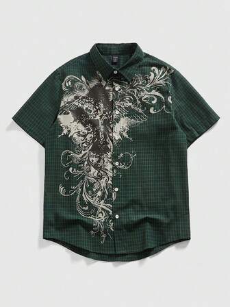 Grunge Punk Camisa casual de manga corta con cuello vuelto y estampado de cuadros de un solo abotonado para hombres