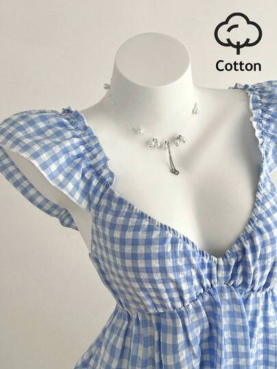 Elamini 女士蓝白格子V领褶皱腰部短袖休闲衬衫，夏季