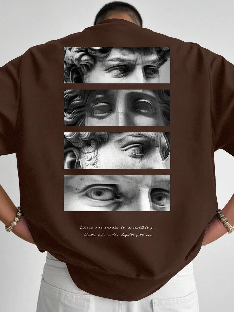 Manfinity EMRG Plus Size Men's Casual Fashionable Street Slogan & Sculpture Patchwork Print Loose Fit T-Shirt, Summer - Coffee Brown - View 1