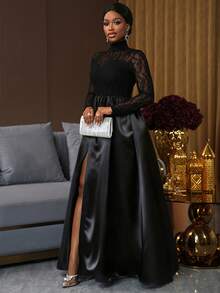 SHEIN Ladiora Váy dự tiệc xòe eo phối ren sang trọng dành cho nữ - màu đen - Xem 3