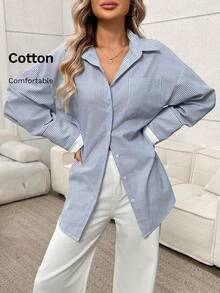 Easowa Áo cánh cotton trắng cổ tay trắng họa tiết sọc xanh trắng dành cho nữ, dáng rộng, cổ áo sơ mi hở phía trước, tay dài, thường ngày, thích hợp mặc hàng ngày, đi chơi, đi làm và đi làm, có túi - Xanh và trắng - Xem 3
