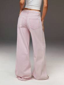 Athîral Women's Casual Asymmetrical Waistband Pink Wide-Leg Jeans, Street Retro Style Trousers, H-Line Silhouette, Pink, Valentine's Day,Vacation - Pink - View 5