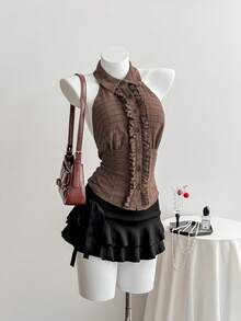 Comfortcana Women's Plaid Frill Trim Single-Breasted Halter Neck Blouse New Year's For Women Brown Polka Dot Dress - Brown - View 5