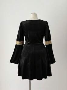 Sunspun Fashionable Square Collar Elastic Velvet Waist Dress - Black - View 2