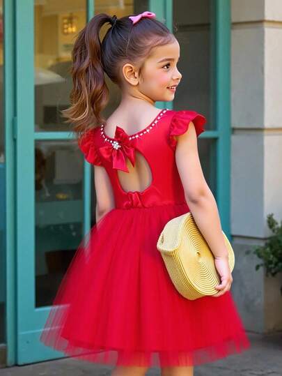 Elladie kids Girls Sweet & Cute Princess Dress, Round Neck, Beaded, Hollow Back, Beaded Waist, Mesh Hem, Korean Style, Fashion Dress, Suitable For Party, Birthday, Gift, Vacation, All Seasons