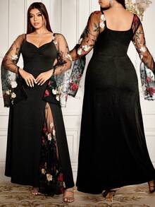 Flirla Váy dài tay màu đen thanh lịch cỡ lớn, thích hợp dự tiệc, mùa thu/đông - màu đen - Xem 3