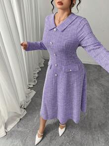 Elenzga Đầm tay dài đính nút ngọc trai cỡ lớn cho nữ, thanh lịch cho tiệc tùng, trà chiều, tiệc năm mới - Màu tím hoa cà - Xem 4