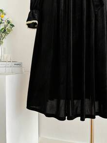 SHEIN LUNE 优雅法式花卉蕾丝拼接中长连衣裙，长袖丝绒针织腰带连衣裙，女士秋冬款 - 黑色 - 查看 4