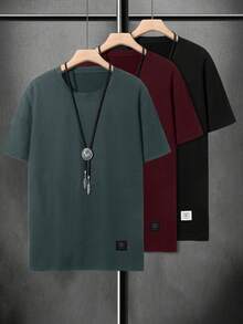 Manfinity Homme Bộ 3 áo thun nam tay ngắn màu trơn thường ngày mùa hè - màu đen - Xem 2